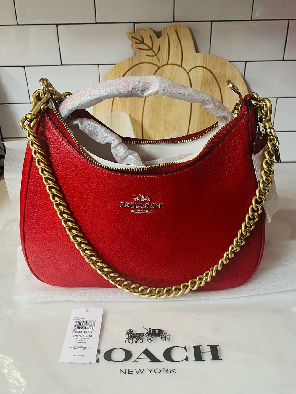 Coach Red Pebbled Leather Shoulder Bag with Gold Chain